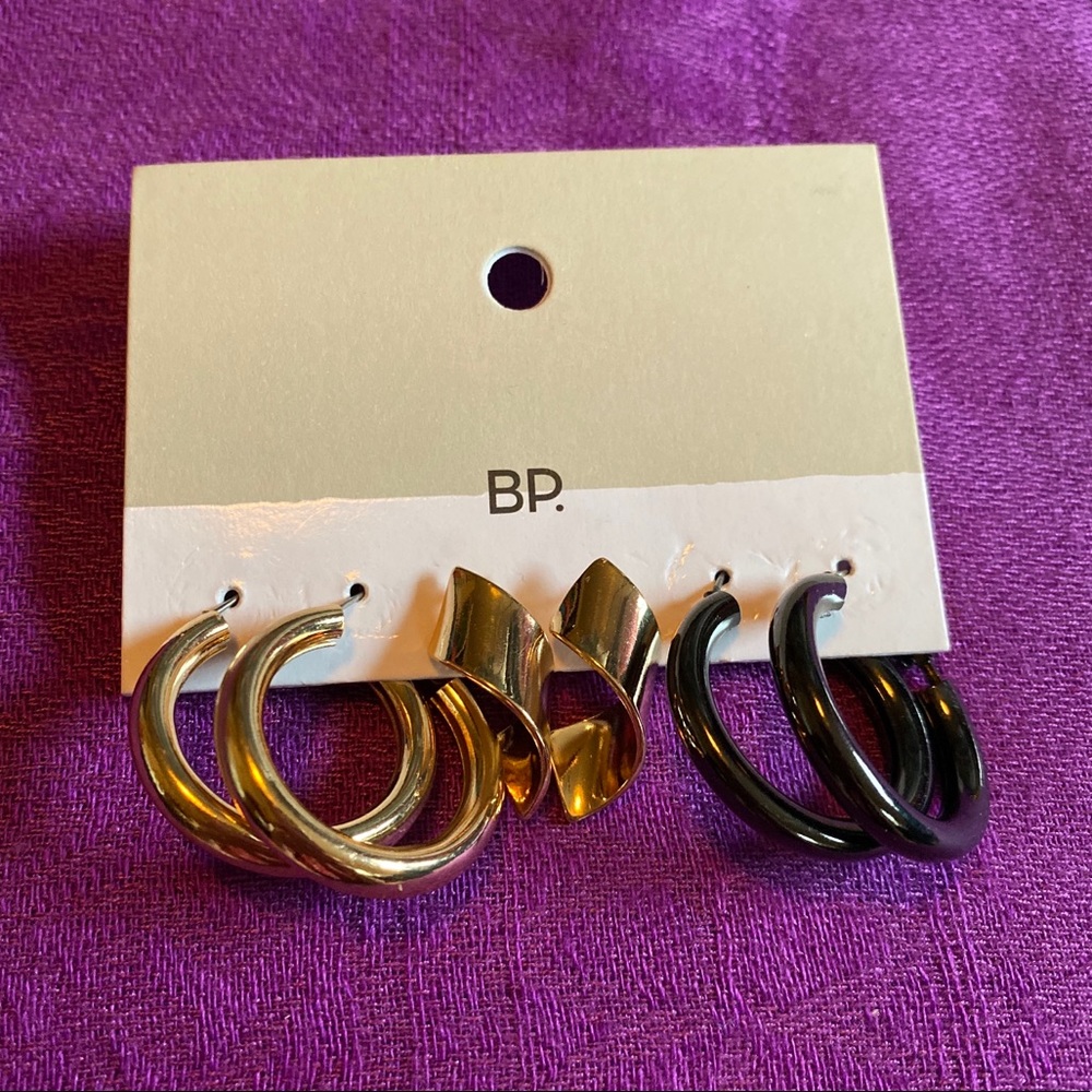 Set of 3 BP. Earrings Black Hoops, Gold Hoops, and Gold Twirling Earrings NEW